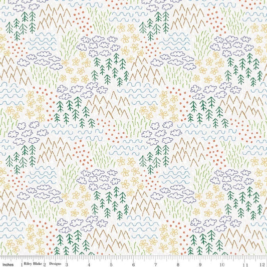 Image of Colorful Critters Sketch White Quilting Cotton Fabric by Official Licensed Product for Riley Blake Designs. Features crayon drawings on a white background. Cute Little Fabric Shop.