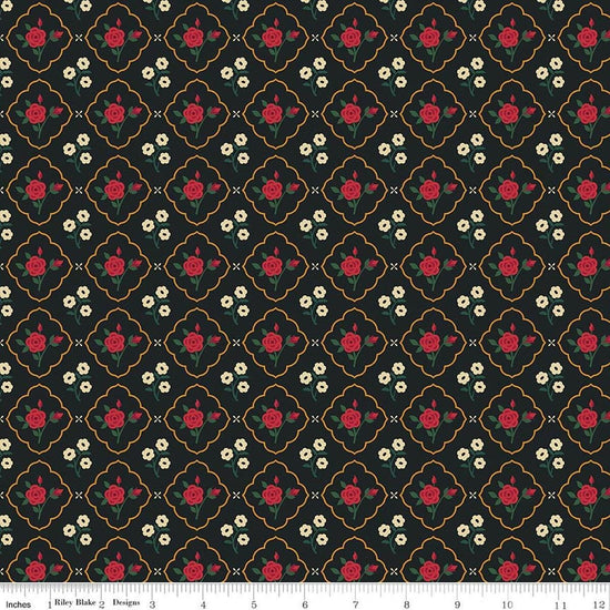 Image of Orchard House Medallions Black quilting cotton fabric by Heather Peterson for Riley Blake Designs. Features flowers on a black background. Cute Little Fabric Shop.