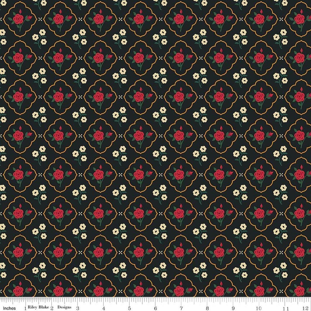 Image of Orchard House Medallions Black quilting cotton fabric by Heather Peterson for Riley Blake Designs. Features flowers on a black background. Cute Little Fabric Shop.