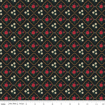 Image of Orchard House Medallions Black quilting cotton fabric by Heather Peterson for Riley Blake Designs. Features flowers on a black background. Cute Little Fabric Shop.