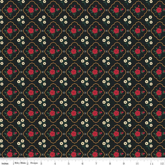 Image of Orchard House Medallions Black quilting cotton fabric by Heather Peterson for Riley Blake Designs. Features flowers on a black background. Cute Little Fabric Shop.