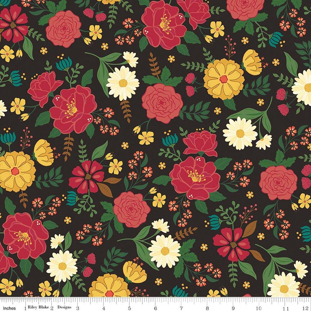 Image of Orchard House Main Black quilting cotton fabric by Heather Peterson for Riley Blake Designs. Features flowers on a black background. Cute Little Fabric Shop.