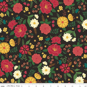 Image of Orchard House Main Black quilting cotton fabric by Heather Peterson for Riley Blake Designs. Features flowers on a black background. Cute Little Fabric Shop.