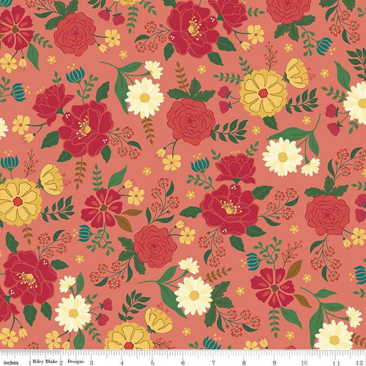 Image of Orchard House Main Coral quilting cotton fabric by Heather Peterson for Riley Blake Designs. Features flowers on a pink background. Cute Little Fabric Shop.
