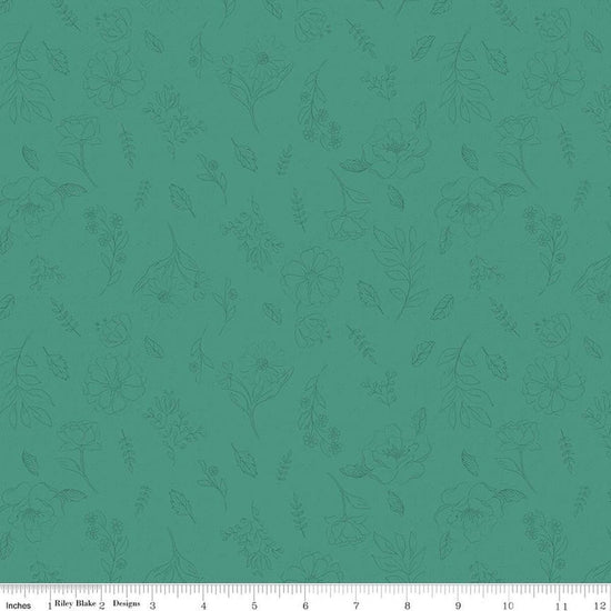 Image of Orchard House Sketch Floral quilting cotton fabric by Heather Peterson for Riley Blake Designs. Features flowers on a blue background. Cute Little Fabric Shop.