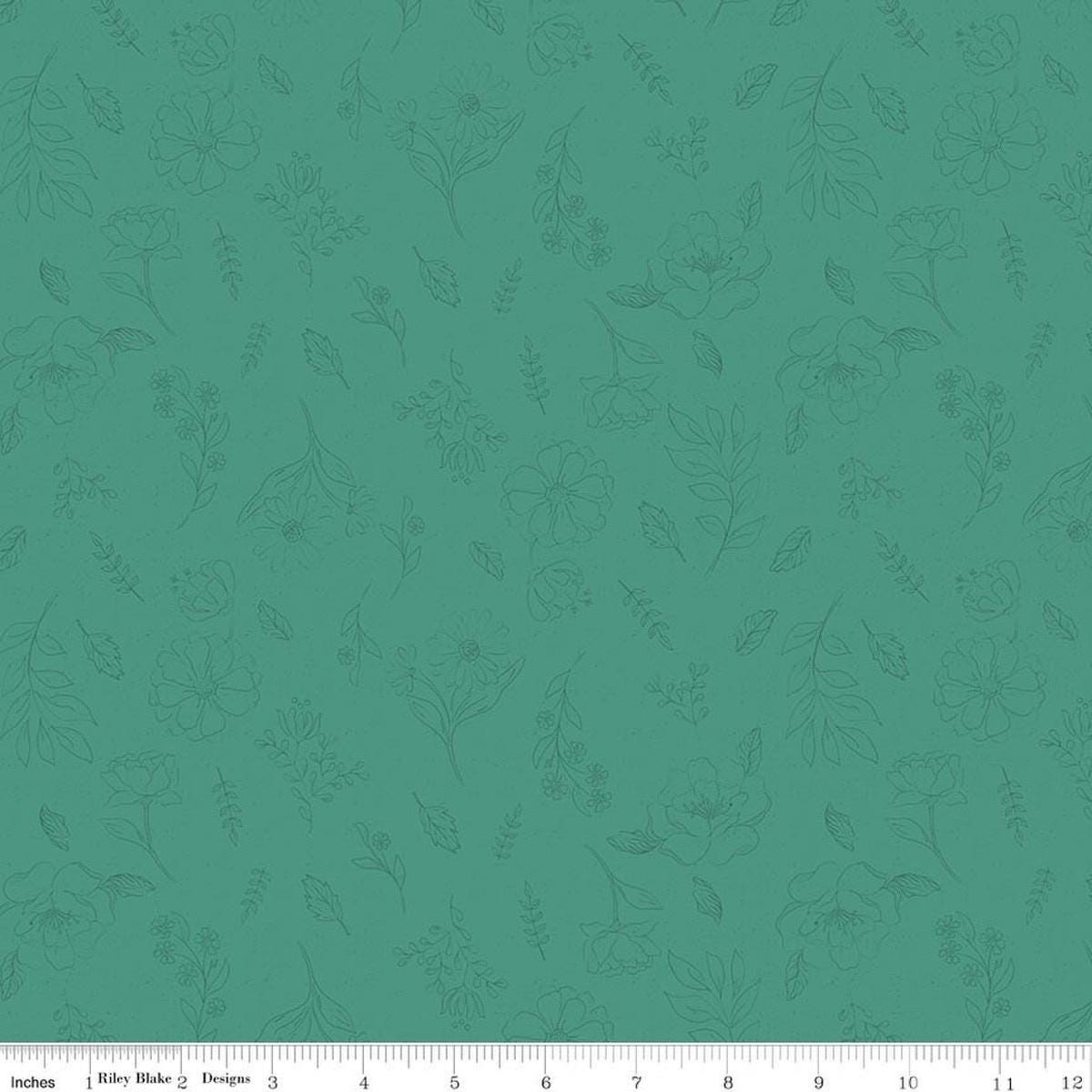 Image of Orchard House Sketch Floral quilting cotton fabric by Heather Peterson for Riley Blake Designs. Features flowers on a blue background. Cute Little Fabric Shop.