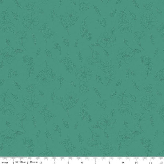 Image of Orchard House Sketch Floral quilting cotton fabric by Heather Peterson for Riley Blake Designs. Features flowers on a blue background. Cute Little Fabric Shop.