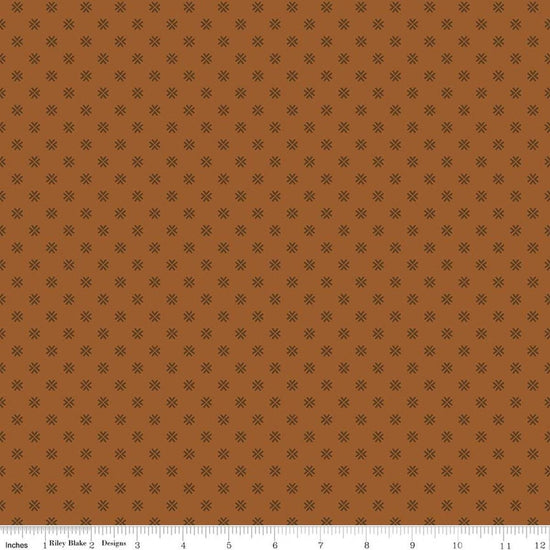 Image of Orchard House Geometric Brown quilting cotton fabric by Heather Peterson for Riley Blake Designs. Features a geometric pattern on a brown background. Cute Little Fabric Shop.