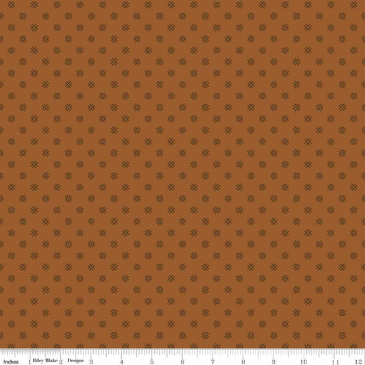Image of Orchard House Geometric Brown quilting cotton fabric by Heather Peterson for Riley Blake Designs. Features a geometric pattern on a brown background. Cute Little Fabric Shop.