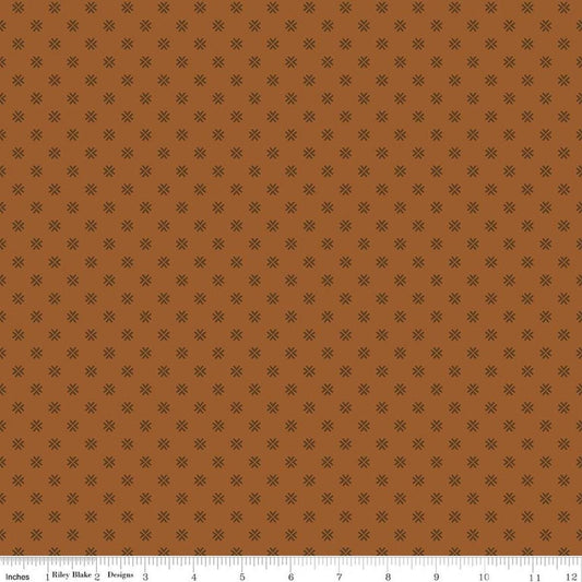 Image of Orchard House Geometric Brown quilting cotton fabric by Heather Peterson for Riley Blake Designs. Features a geometric pattern on a brown background. Cute Little Fabric Shop.