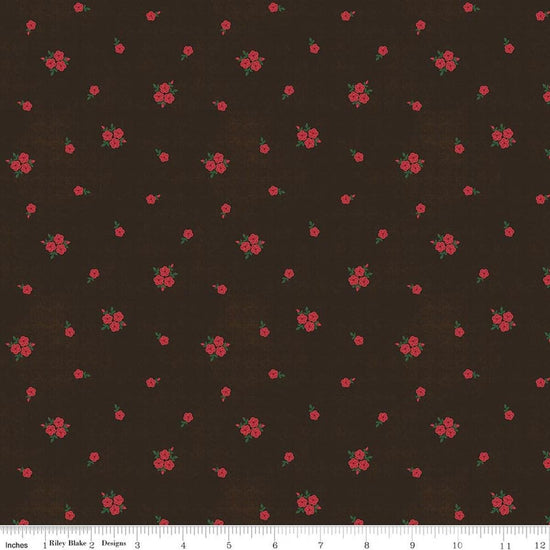 Image of Orchard House Rose Clusters Black quilting cotton fabric by Heather Peterson for Riley Blake Designs. Features flowers on a black background. Cute Little Fabric Shop.