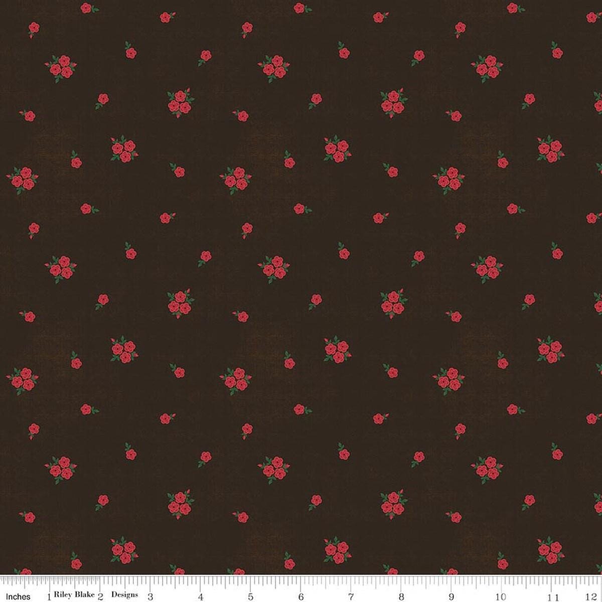 Image of Orchard House Rose Clusters Black quilting cotton fabric by Heather Peterson for Riley Blake Designs. Features flowers on a black background. Cute Little Fabric Shop.