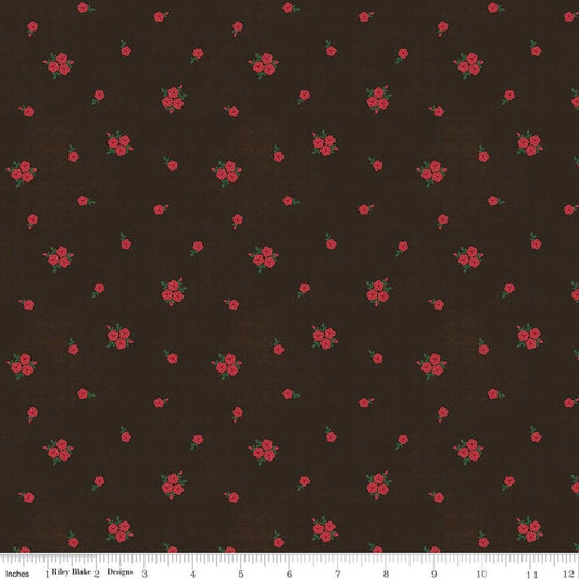 Image of Orchard House Rose Clusters Black quilting cotton fabric by Heather Peterson for Riley Blake Designs. Features flowers on a black background. Cute Little Fabric Shop.