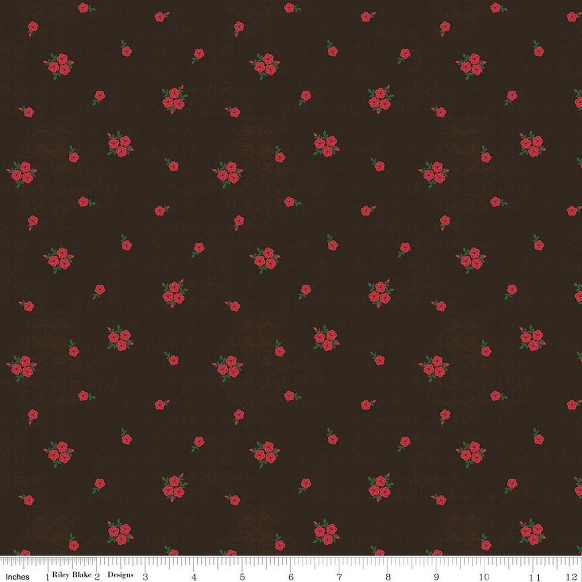 Image of Orchard House Rose Clusters Black quilting cotton fabric by Heather Peterson for Riley Blake Designs. Features flowers on a black background. Cute Little Fabric Shop.