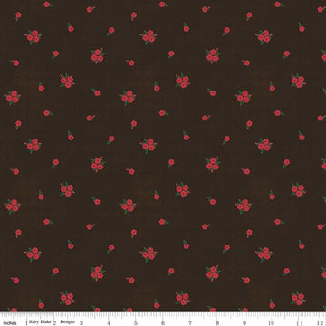 Image of Orchard House Rose Clusters Black quilting cotton fabric by Heather Peterson for Riley Blake Designs. Features flowers on a black background. Cute Little Fabric Shop.