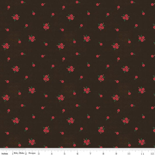 Image of Orchard House Rose Clusters Black quilting cotton fabric by Heather Peterson for Riley Blake Designs. Features flowers on a black background. Cute Little Fabric Shop.