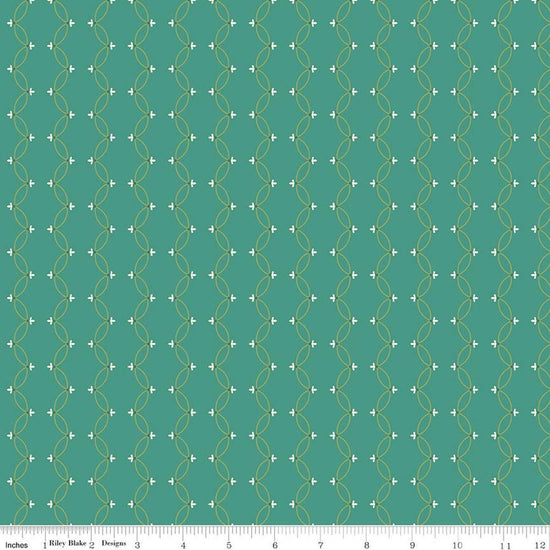 Image of Orchard House Scallops Teal quilting cotton fabric by Heather Peterson for Riley Blake Designs. Features a geometric pattern on a blue background. Cute Little Fabric Shop.