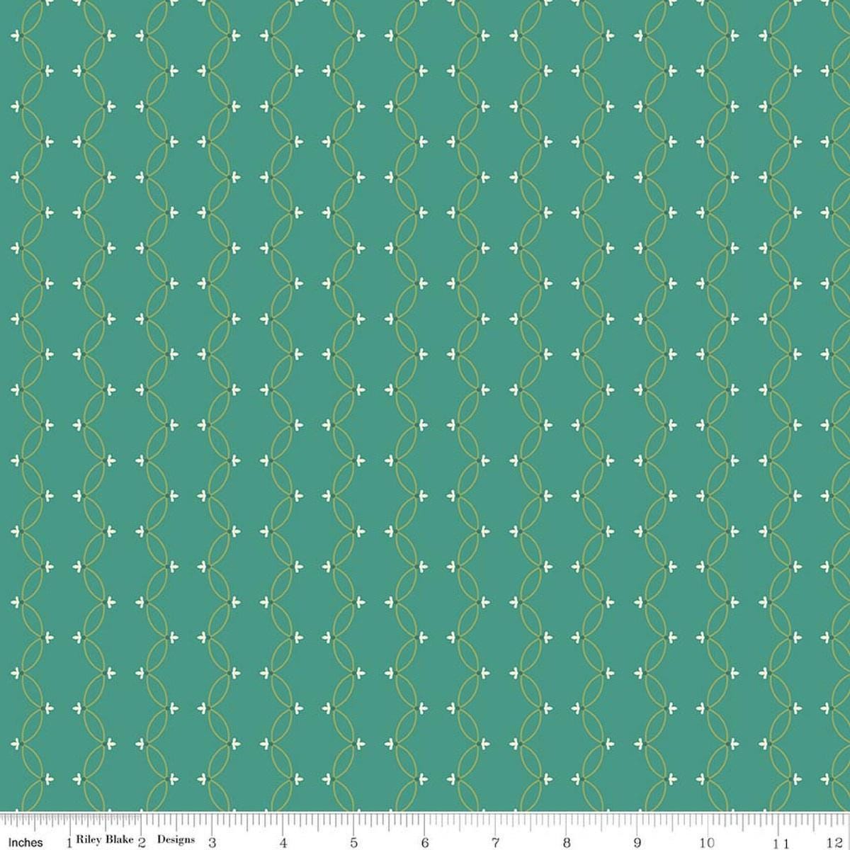 Image of Orchard House Scallops Teal quilting cotton fabric by Heather Peterson for Riley Blake Designs. Features a geometric pattern on a blue background. Cute Little Fabric Shop.