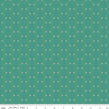 Image of Orchard House Scallops Teal quilting cotton fabric by Heather Peterson for Riley Blake Designs. Features a geometric pattern on a blue background. Cute Little Fabric Shop.