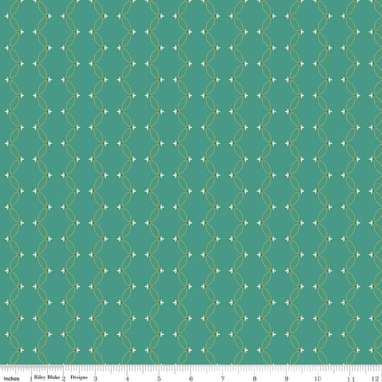 Image of Orchard House Scallops Teal quilting cotton fabric by Heather Peterson for Riley Blake Designs. Features a geometric pattern on a blue background. Cute Little Fabric Shop.