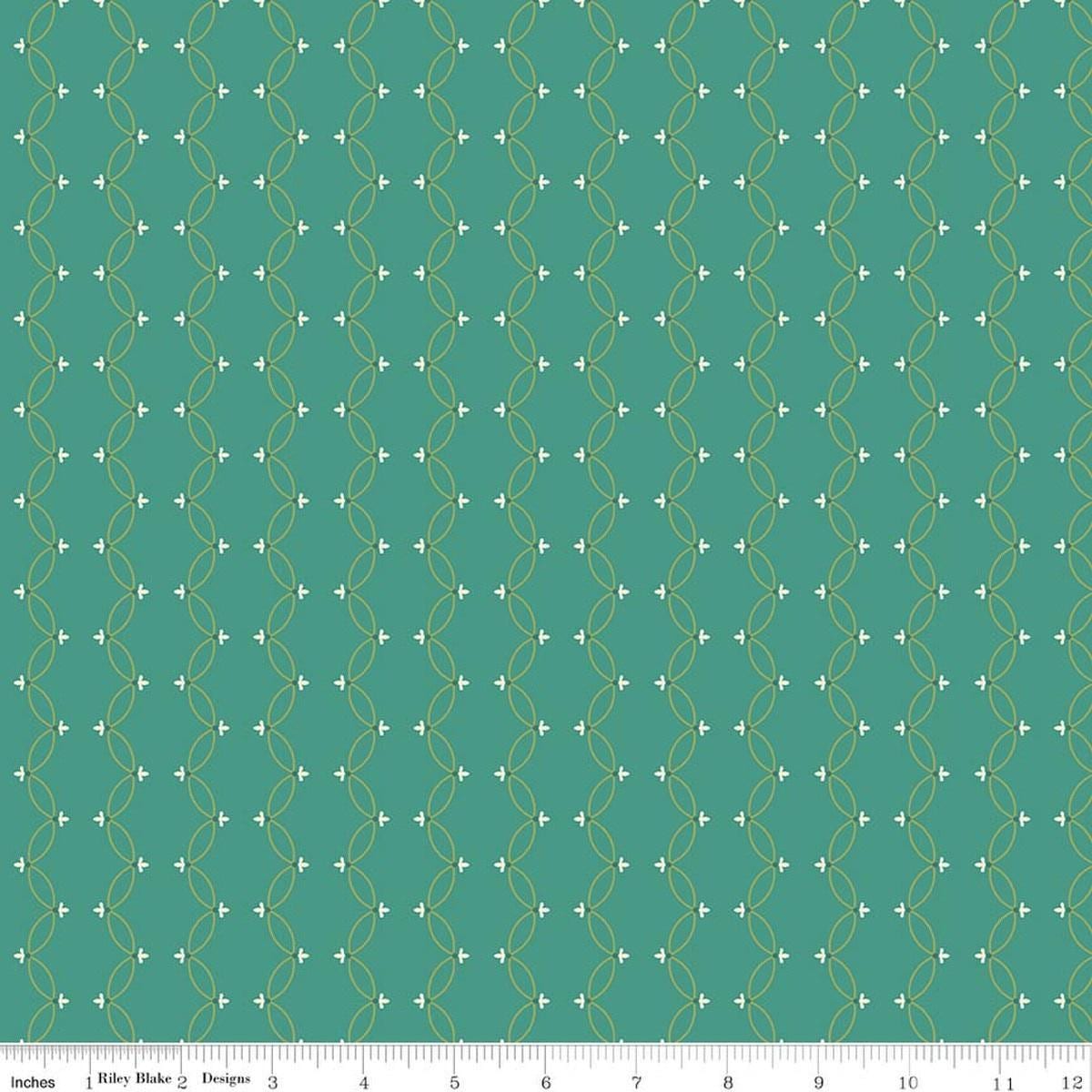 Image of Orchard House Scallops Teal quilting cotton fabric by Heather Peterson for Riley Blake Designs. Features a geometric pattern on a blue background. Cute Little Fabric Shop.