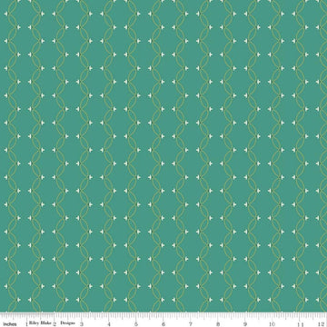 Image of Orchard House Scallops Teal quilting cotton fabric by Heather Peterson for Riley Blake Designs. Features a geometric pattern on a blue background. Cute Little Fabric Shop.