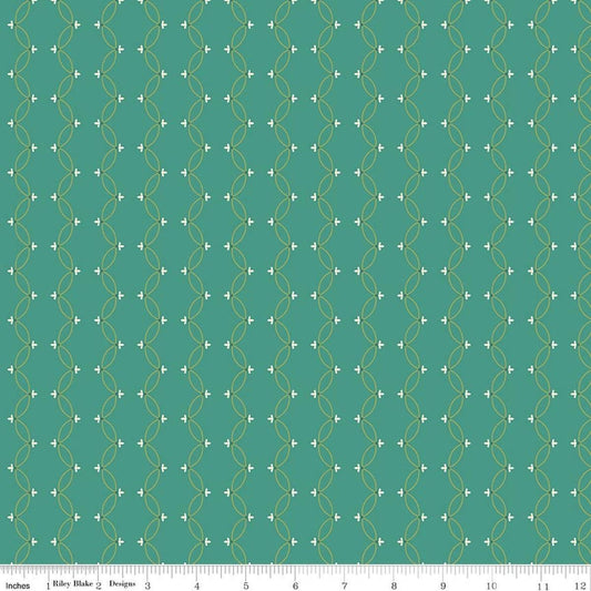 Image of Orchard House Scallops Teal quilting cotton fabric by Heather Peterson for Riley Blake Designs. Features a geometric pattern on a blue background. Cute Little Fabric Shop.