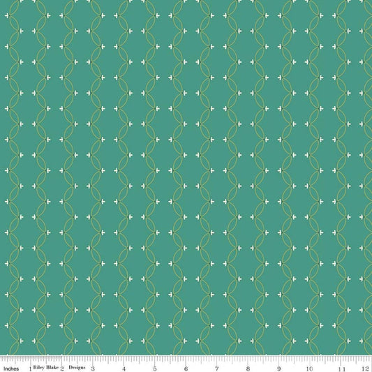 Image of Orchard House Scallops Teal quilting cotton fabric by Heather Peterson for Riley Blake Designs. Features a geometric pattern on a blue background. Cute Little Fabric Shop.