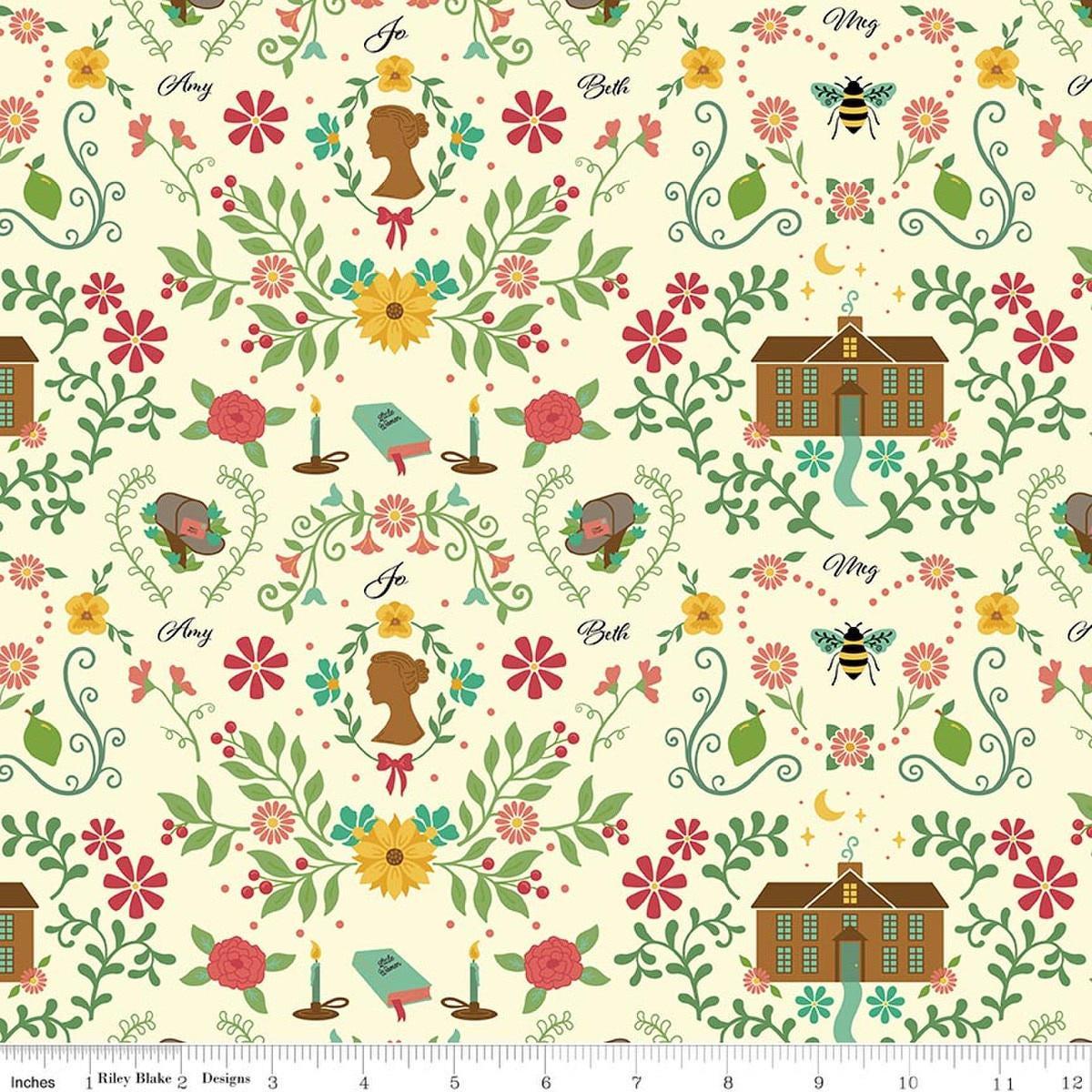 Image of Orchard House Homestead Cream quilting cotton fabric by Heather Peterson for Riley Blake Designs. Features flowers on a cream background. Cute Little Fabric Shop.