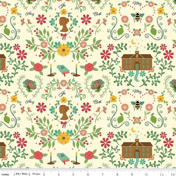 Image of Orchard House Homestead Cream quilting cotton fabric by Heather Peterson for Riley Blake Designs. Features flowers on a cream background. Cute Little Fabric Shop.
