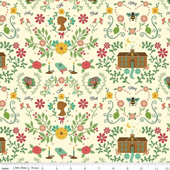 Image of Orchard House Homestead Cream quilting cotton fabric by Heather Peterson for Riley Blake Designs. Features flowers on a cream background. Cute Little Fabric Shop.