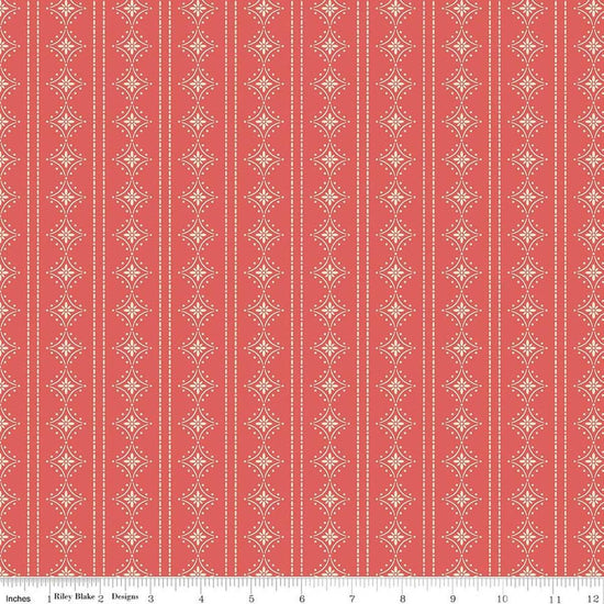 Image of Orchard House Stripes Coral quilting cotton fabric by Heather Peterson for Riley Blake Designs. Features stripes on a pink background. Cute Little Fabric Shop.