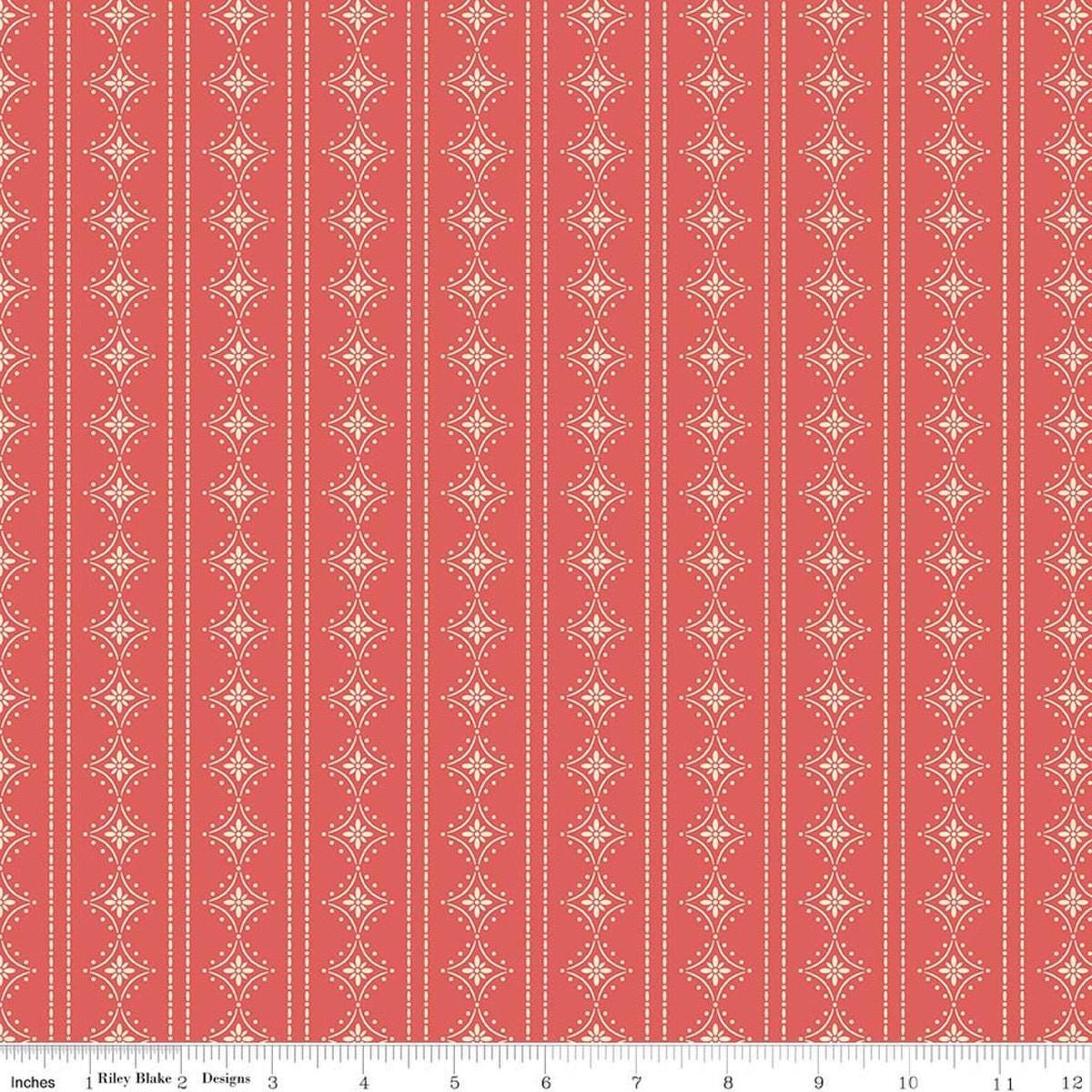 Image of Orchard House Stripes Coral quilting cotton fabric by Heather Peterson for Riley Blake Designs. Features stripes on a pink background. Cute Little Fabric Shop.
