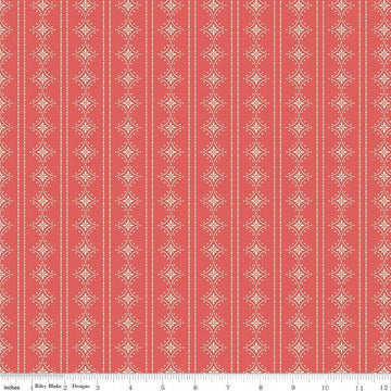 Image of Orchard House Stripes Coral quilting cotton fabric by Heather Peterson for Riley Blake Designs. Features stripes on a pink background. Cute Little Fabric Shop.