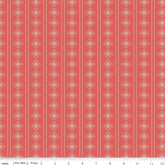 Image of Orchard House Stripes Coral quilting cotton fabric by Heather Peterson for Riley Blake Designs. Features stripes on a pink background. Cute Little Fabric Shop.