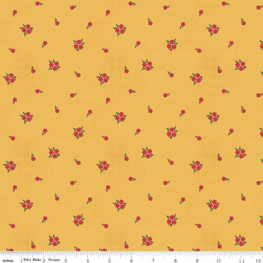 Image of Orchard House Rose Clusters Yellow quilting cotton fabric by Heather Peterson for Riley Blake Designs. Features flowers on a yellow background. Cute Little Fabric Shop.