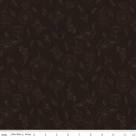 Image of Orchard House Sketch Floral Black quilting cotton fabric by Heather Peterson for Riley Blake Designs. Features flowers on a black background. Cute Little Fabric Shop.