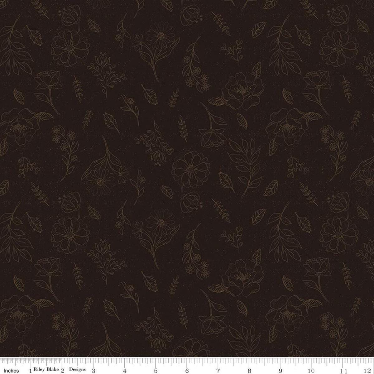 Image of Orchard House Sketch Floral Black quilting cotton fabric by Heather Peterson for Riley Blake Designs. Features flowers on a black background. Cute Little Fabric Shop.