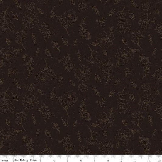 Image of Orchard House Sketch Floral Black quilting cotton fabric by Heather Peterson for Riley Blake Designs. Features flowers on a black background. Cute Little Fabric Shop.