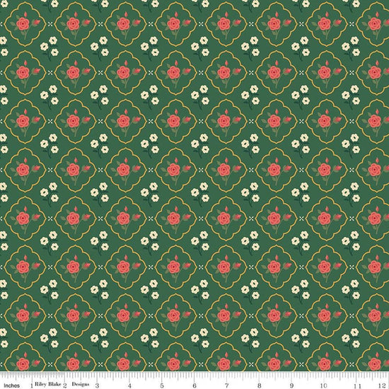 Image of Orchard House Medallions Green quilting cotton fabric by Heather Peterson for Riley Blake Designs. Features flowers on a green background. Cute Little Fabric Shop.