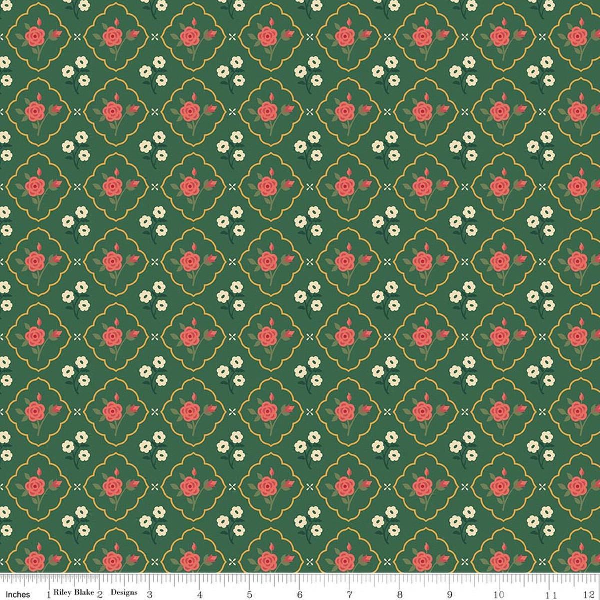Image of Orchard House Medallions Green quilting cotton fabric by Heather Peterson for Riley Blake Designs. Features flowers on a green background. Cute Little Fabric Shop.