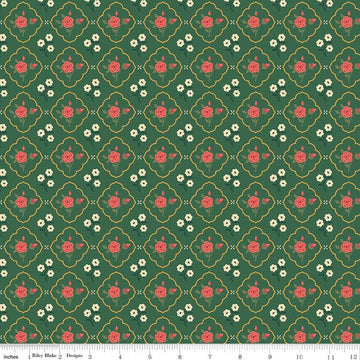 Image of Orchard House Medallions Green quilting cotton fabric by Heather Peterson for Riley Blake Designs. Features flowers on a green background. Cute Little Fabric Shop.