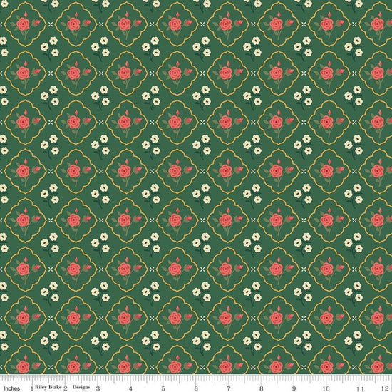 Image of Orchard House Medallions Green quilting cotton fabric by Heather Peterson for Riley Blake Designs. Features flowers on a green background. Cute Little Fabric Shop.