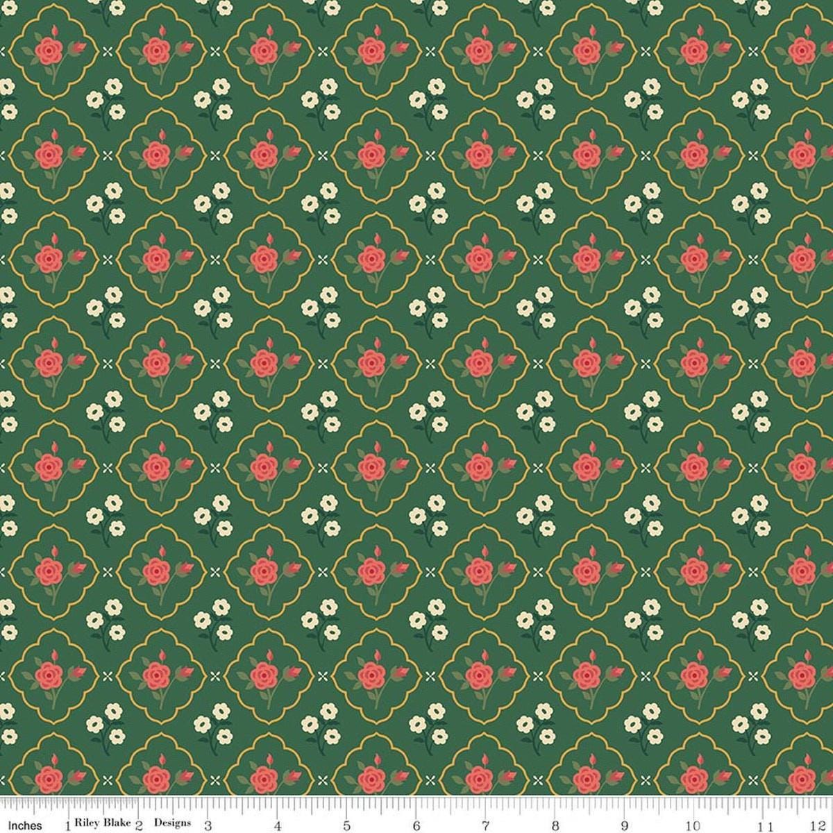 Image of Orchard House Medallions Green quilting cotton fabric by Heather Peterson for Riley Blake Designs. Features flowers on a green background. Cute Little Fabric Shop.