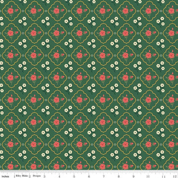 Image of Orchard House Medallions Green quilting cotton fabric by Heather Peterson for Riley Blake Designs. Features flowers on a green background. Cute Little Fabric Shop.