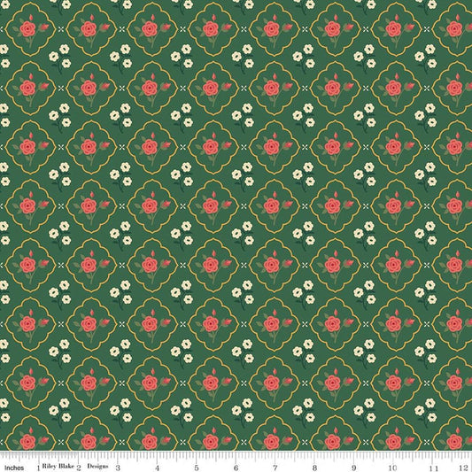 Image of Orchard House Medallions Green quilting cotton fabric by Heather Peterson for Riley Blake Designs. Features flowers on a green background. Cute Little Fabric Shop.