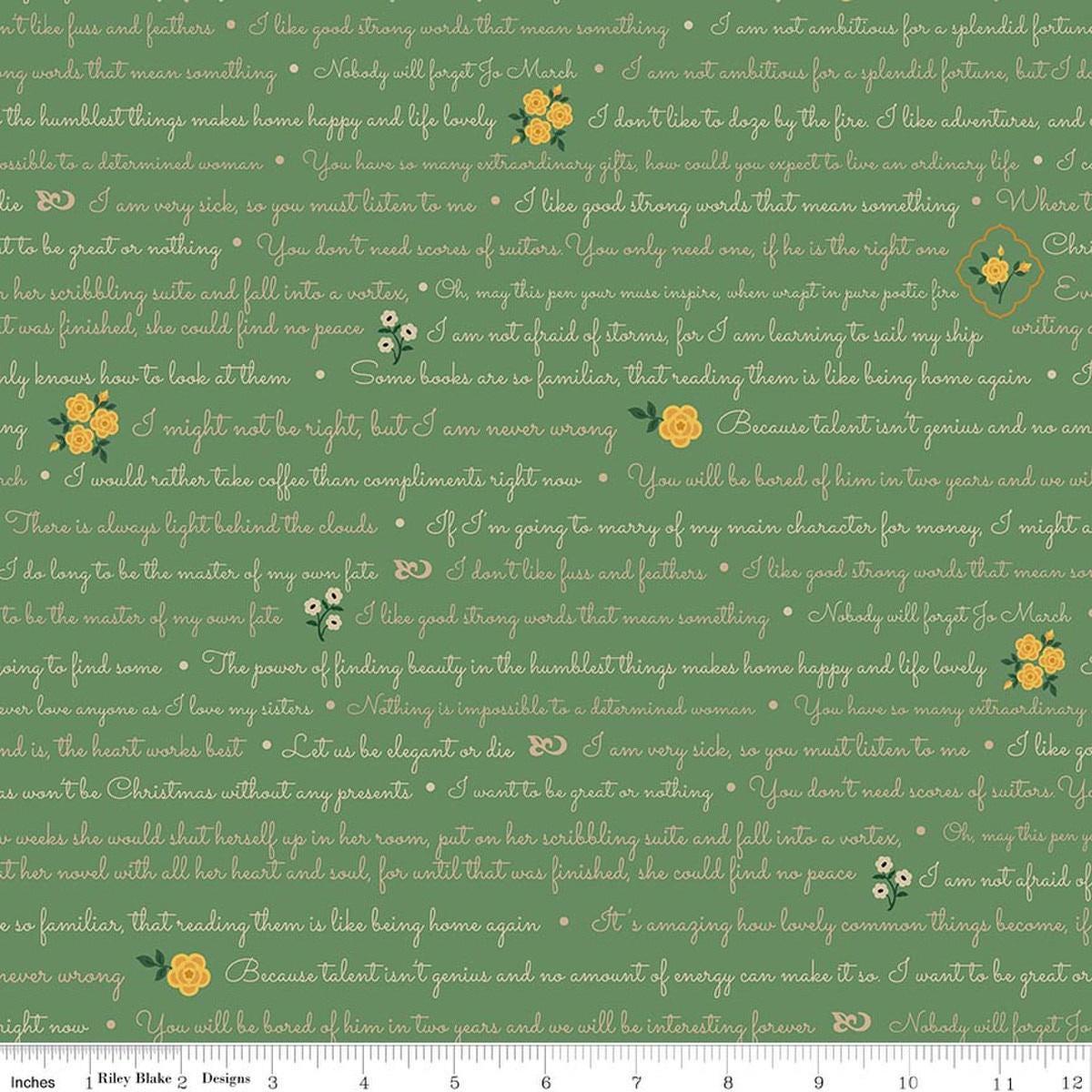 Image of Orchard House Text Green quilting cotton fabric by Heather Peterson for Riley Blake Designs. Features words and flowers on a green background. Cute Little Fabric Shop.