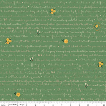 Image of Orchard House Text Green quilting cotton fabric by Heather Peterson for Riley Blake Designs. Features words and flowers on a green background. Cute Little Fabric Shop.