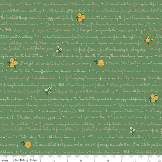 Image of Orchard House Text Green quilting cotton fabric by Heather Peterson for Riley Blake Designs. Features words and flowers on a green background. Cute Little Fabric Shop.