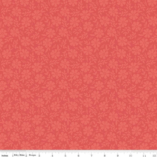 Image of Orchard House Tonal Flowers Coral quilting cotton fabric by Heather Peterson for Riley Blake Designs. Features flowers on a pink background. Cute Little Fabric Shop.
